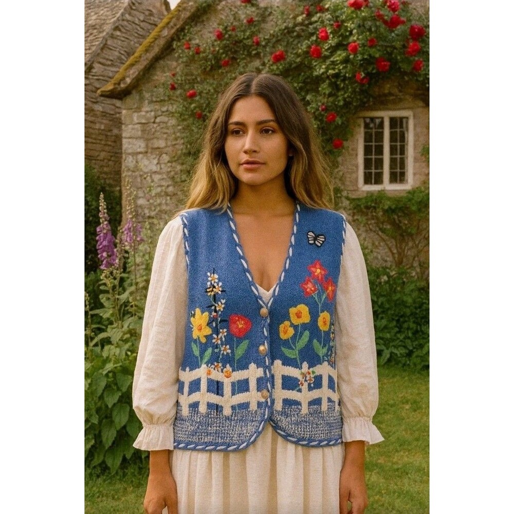 VTG. Cottagecore Knit Sweater Vest. Sz XL Butterflies Flowers Blue Fairycore